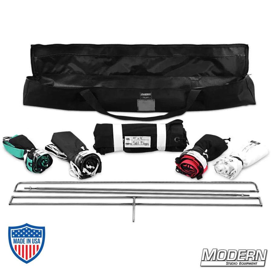 On the Go 48" x 48" Foldable Frame Kit with slip-on options, custom bag, and rigging equipment for film grip.