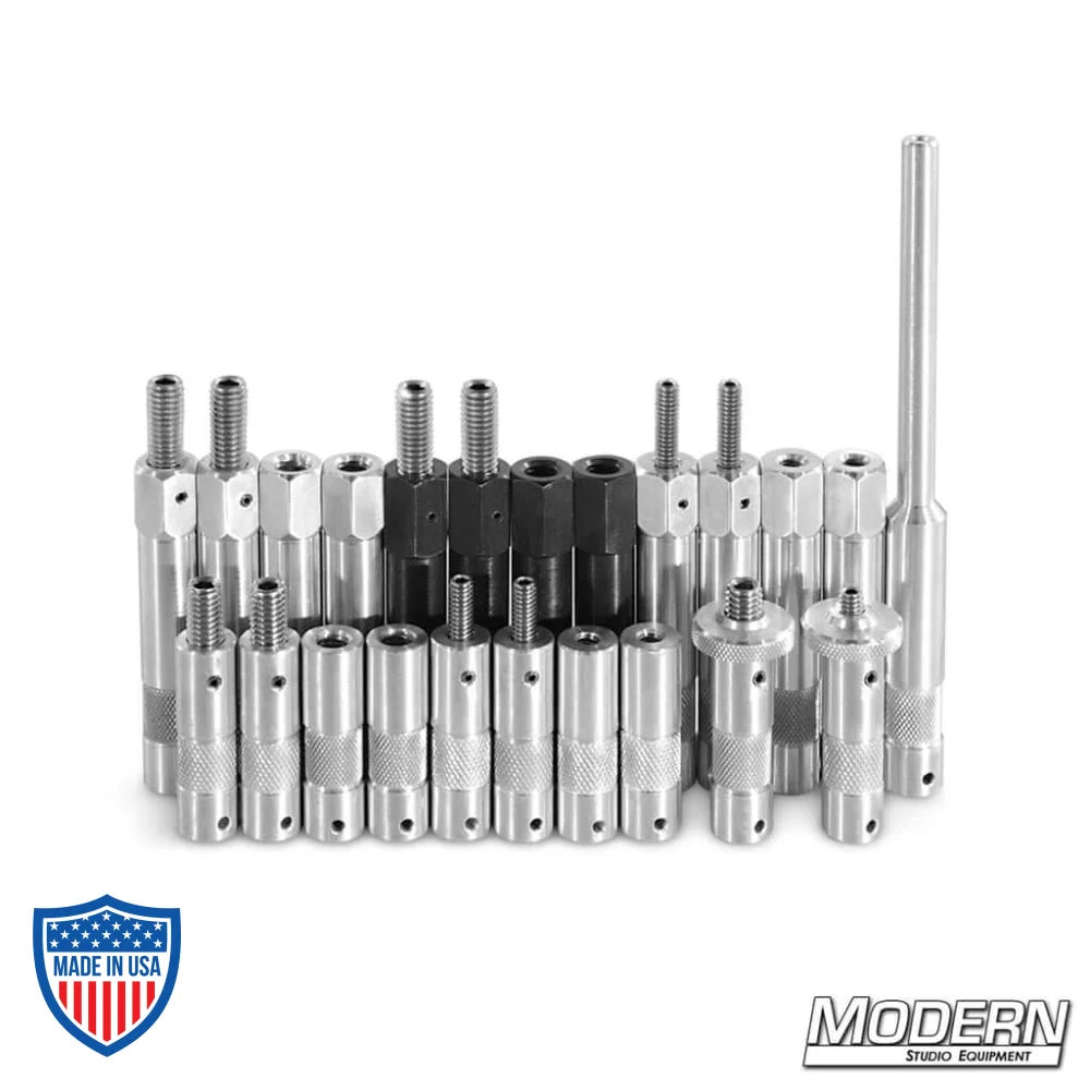 On the Go Baby Pin Kit for film grip rigging with various aluminum baby pins and threads organized together