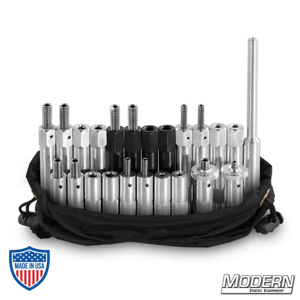 On the Go Baby Pin Kit with assorted aluminum baby pins for film grip and rigging in a black carrying case.