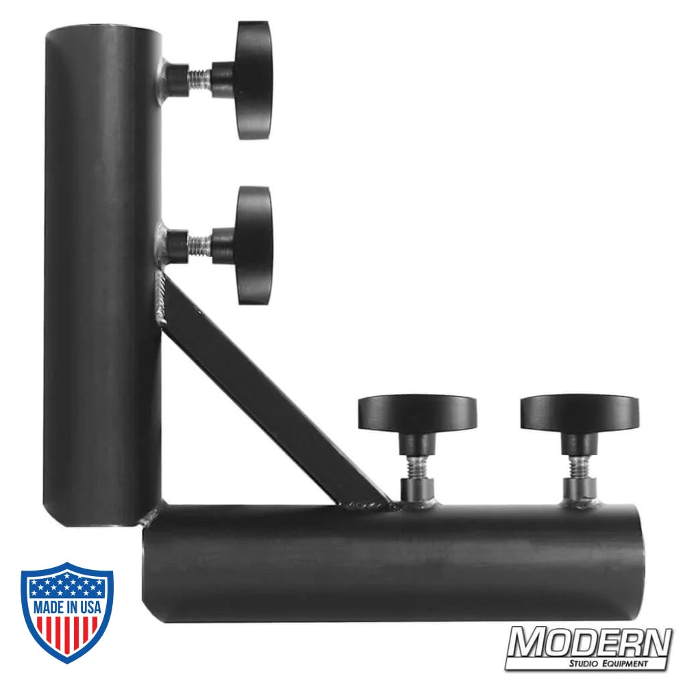 Pass Through Corner for 1-1/2" Speed-Rail® used in film grip rigging systems, black finish with adjustment knobs, Modern Studio Equipment brand.