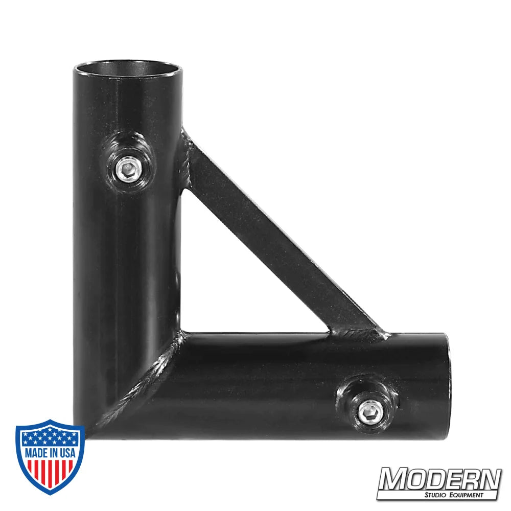 Pipe Corner for 1" Round Pipe in Black Zinc with Set Screws for Film Grip and Rigging, Welded for 90º Frame Corners.