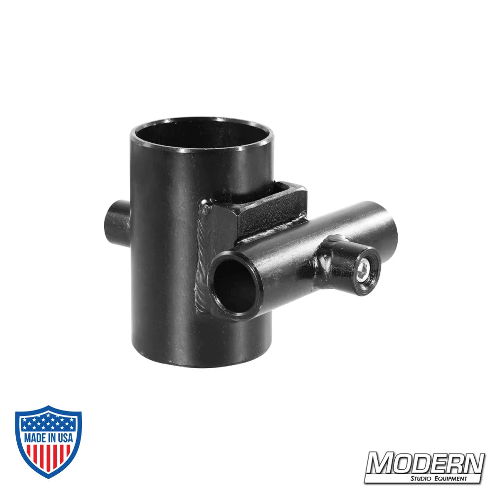 Pipe cross bracket for 1-1/4" to 5/8" rods in black zinc finish with set screws for Speed-Rail film grip rigging applications.