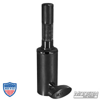 Black zinc pipe receiver to junior male for 1-1/2" Speed-Rail with T-Handle, used in film grip and rigging setups.