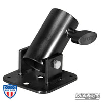 1-1/4" black zinc pipe rocker receiver for Speed-Rail with T-handle, used in film grip rigging.