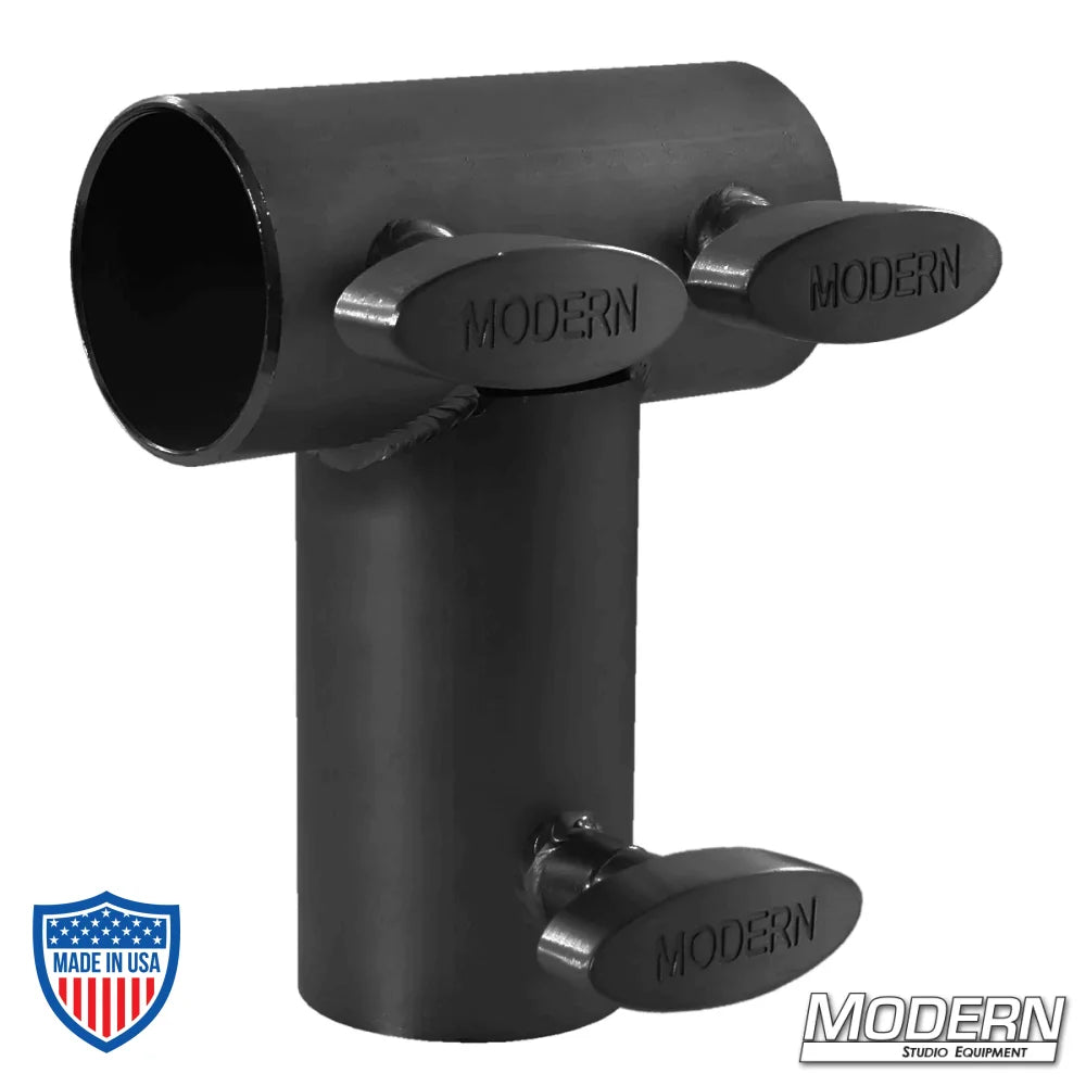 Black zinc pipe tee receiver with T-handles for 1-1/2" Speed-Rail®, used in film grip and rigging for additional frame support.