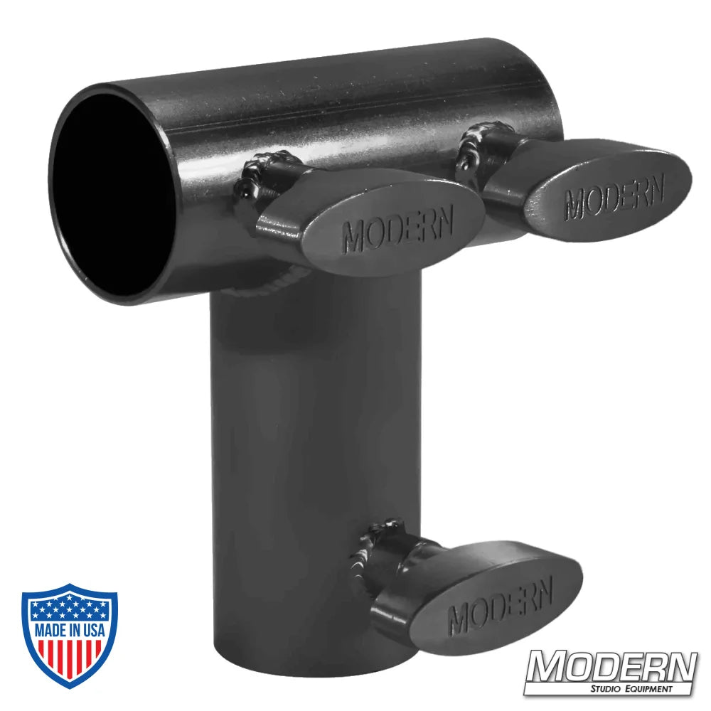 Black zinc Pipe Tee Receiver for 1-1/4" Speed-Rail with T-handles used in film grip and rigging for added strength and support.