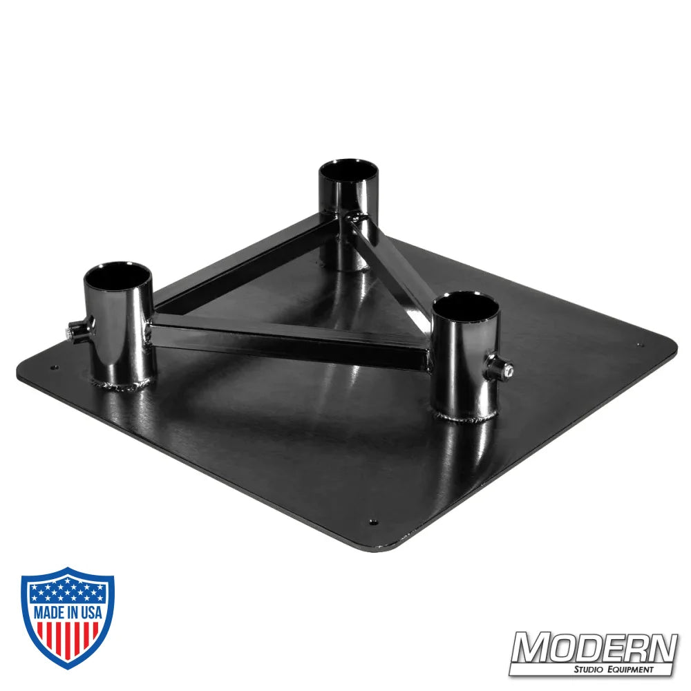 Steel pipe truss base for 1-1/4" Speed-Rail, measuring 14x14"es, ideal for film grip rigging