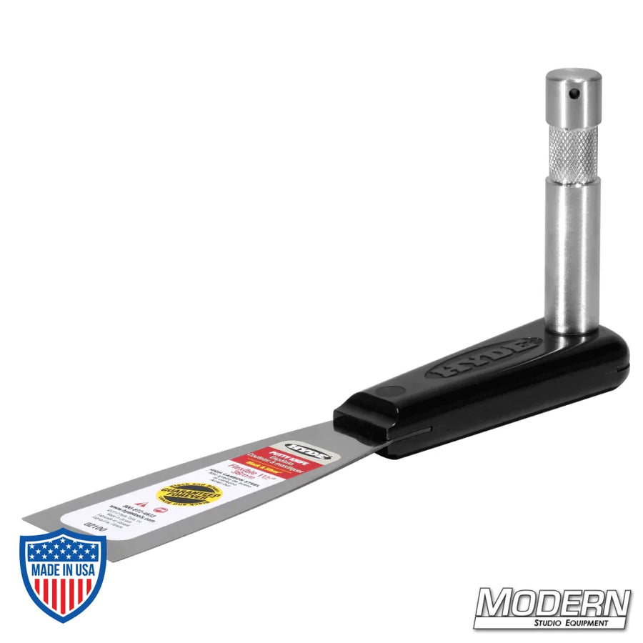 Standard putty knife with 5/8" baby pin for mounting lightweight lights, ideal for film grip and rigging tasks.