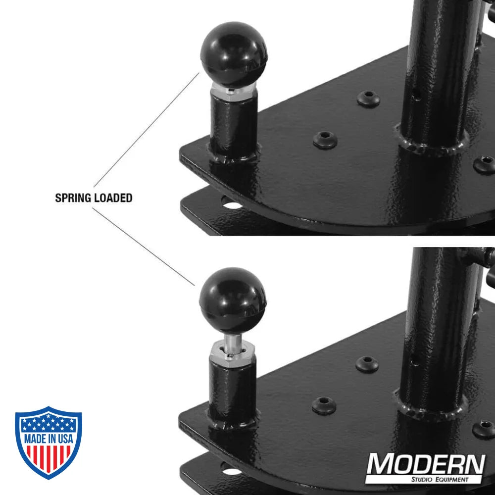 Close-up of Rolling Spider Base with spring-loaded feature for stable and mobile platform in film grip rigging equipment.
