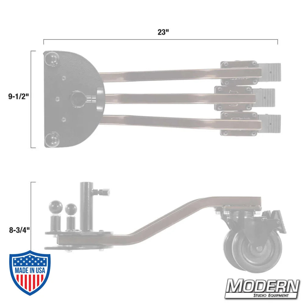 Folding Rolling Spider Base for stable film grip and rigging, 8-3/4" height, 25lbs weight, 36" footprint, 23" folded base