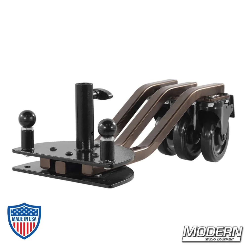 Rolling Spider Base for stable and mobile lighting rigging on film sets, featuring 8-3/4" height, 25lbs weight, and 36" footprint.