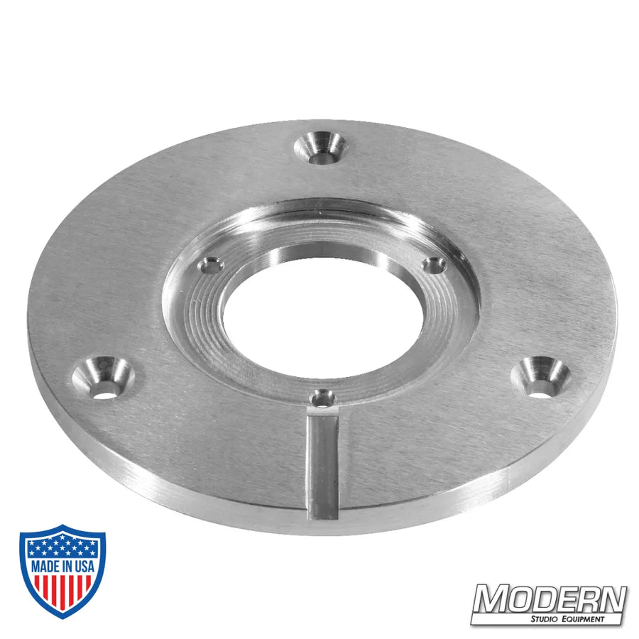 Round Mitchell plate with 3 countersunk holes for film grip rigging, 7-3/4" aluminum diameter, used to create Mitchell risers.