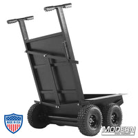 Studio Cart with sturdy base, rigid wheels, and hand brake for film grip and rigging equipment transport.