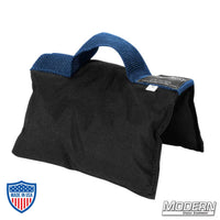Black sandbag with blue handle, filled with five pounds of silica sand, made of Cordura 1000, ideal for film, grip, and rigging purposes.