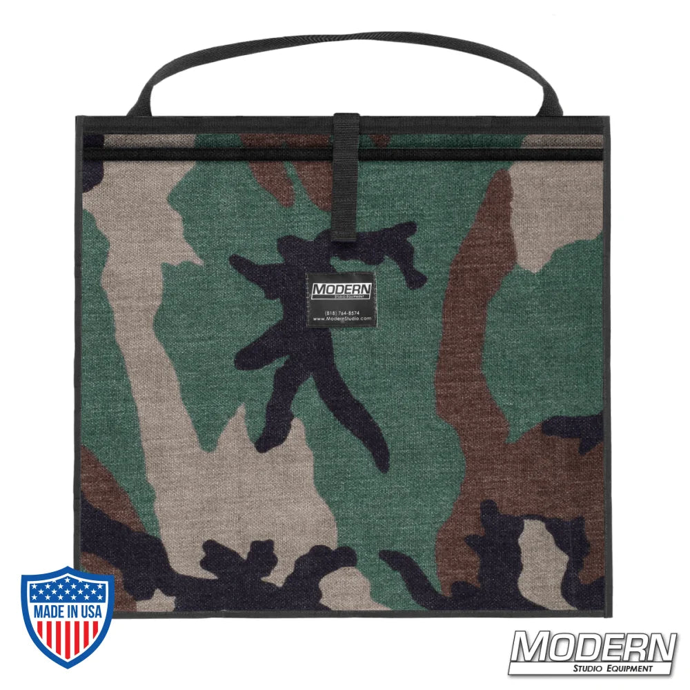 Camouflage Modern Scrim Bag for 18-1/2" lighting scrims, made from Cordura 1000, with a stainless steel rod for shape retention, ideal for film grip rigging.