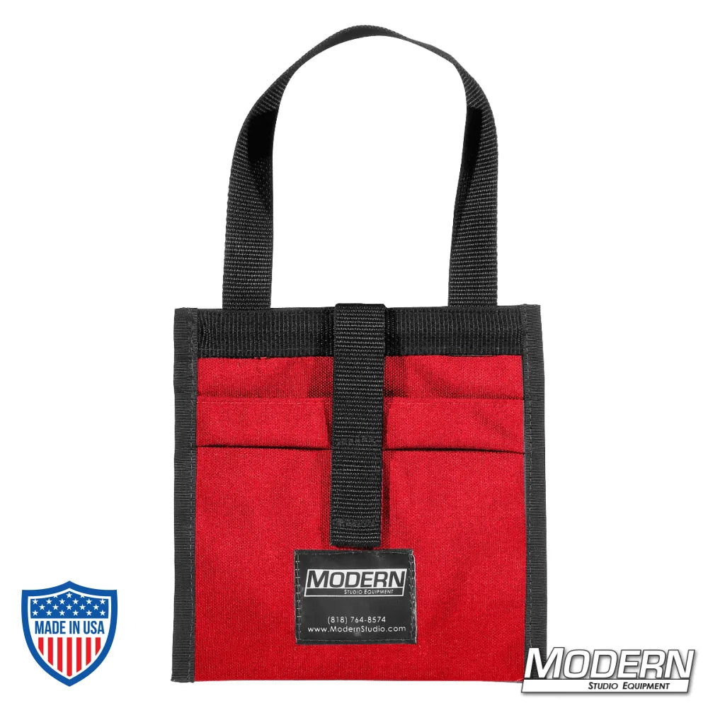 Modern red Cordura 1000 scrim bag for 5" lighting scrims with sewn-in stainless steel rod, ideal for film grip and rigging organization.