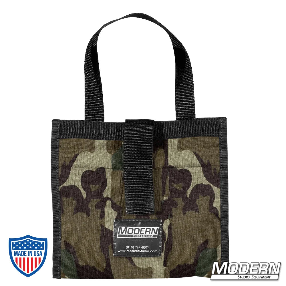 Camo Modern Scrim Bag for 6-1/2", Cordura 1000, stainless steel rod for shape, ideal for film grip rigging equipment.