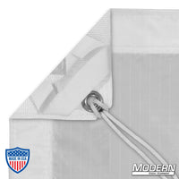 Silent 1/4 Grid Cloth for film rigging with webbing, grommet, and ties on sides. Includes storage bag. Ideal for diffusing light sources.
