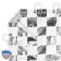 Silver and white checker pattern textile with webbing, grommets, ties, and elastic corners for film grip rigging, includes storage bag.