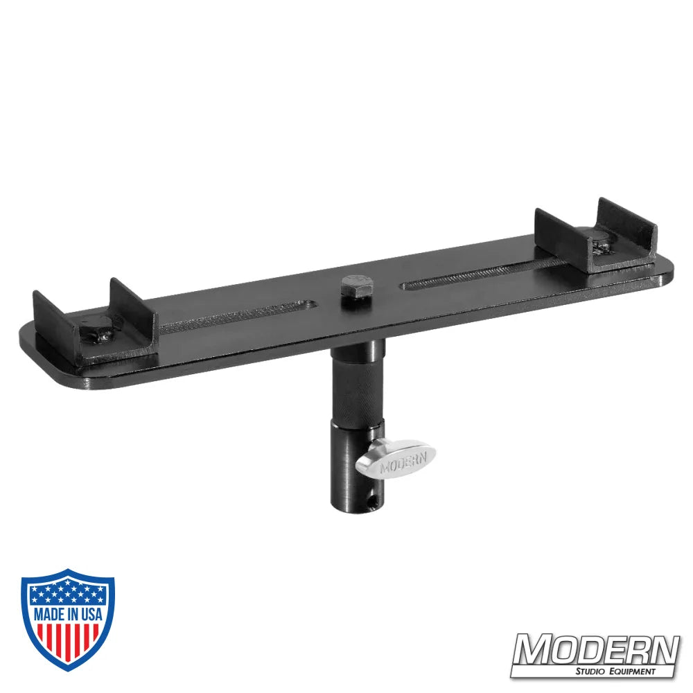 Slider track center support bracket in black zinc for film grip and rigging with 1-1/8" jr. pin and 5/8" baby receiver