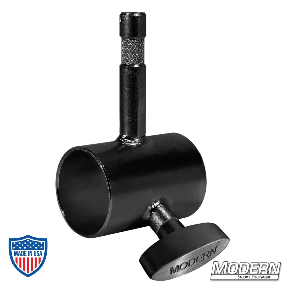 Black zinc steel film grip slider with baby pin and T-handle for 1-1/4" Speed-Rail®, suited for 5/8" male rigging applications.
