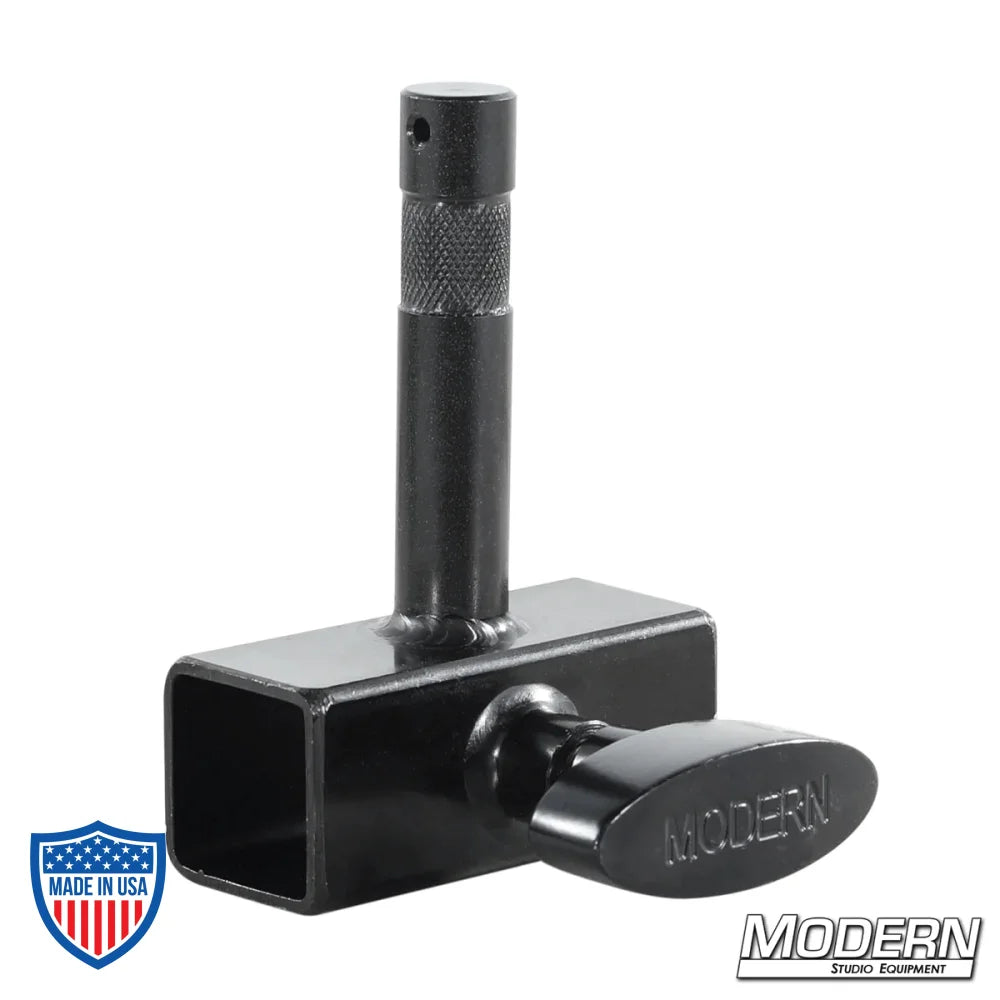 Slider with Baby Pin for 1" Square Tube in Black Zinc with T-Handle for film grip and rigging equipment.