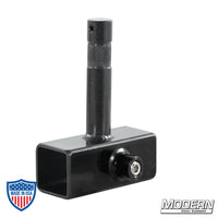 Black zinc slider with baby pin for 1" square tube. Ideal for film grip and rigging setups. Includes set screws for secure attachment.