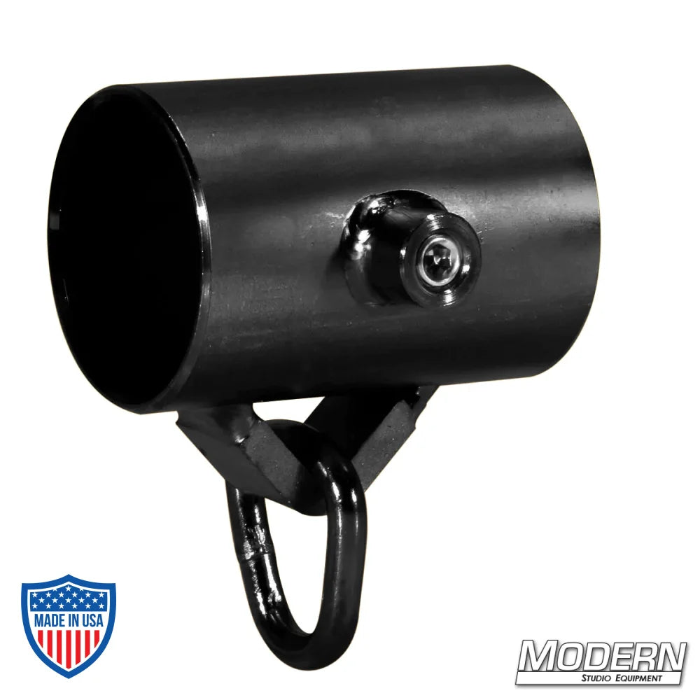 Black zinc slider with d-ring and set screw for 1-1/4" Schedule 40 Speed-Rail, ideal for film grip and rigging applications