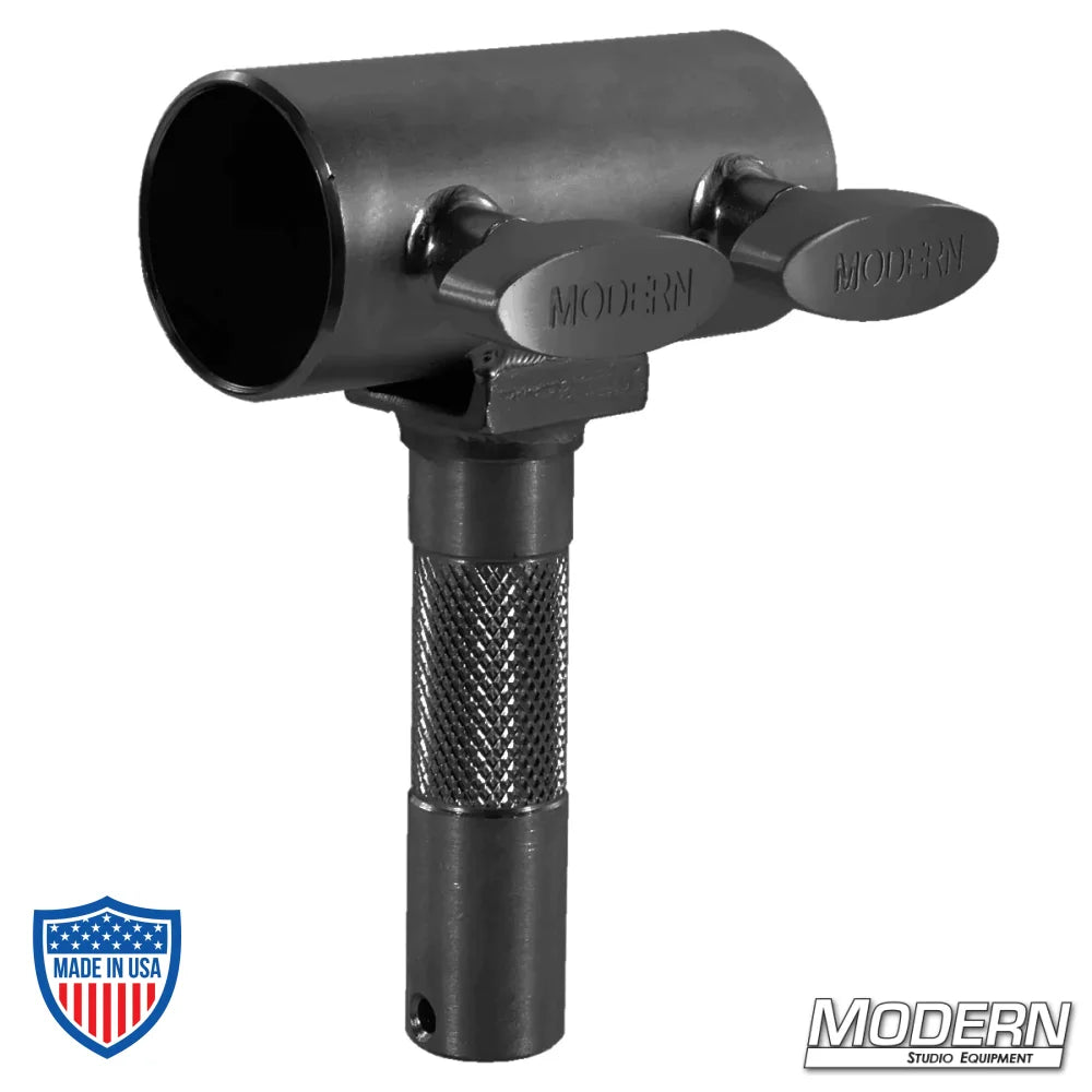 Slider with Junior Male 1-1/2" Speed-Rail® fitting for film grip rigging, black zinc with T-handles