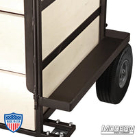 Small grip cart with 6 wooden drawers and steel frame, featuring 2 fixed rear casters and 2 front swivel casters with brake for film rigging