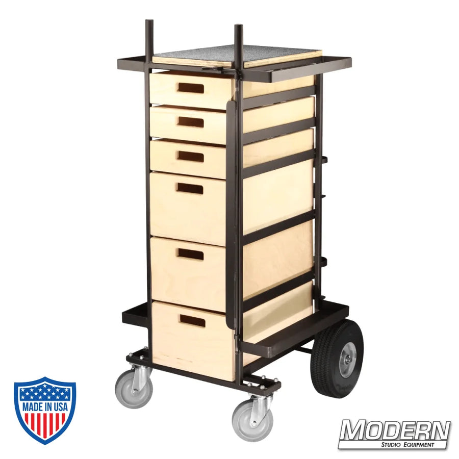 Small Grip Cart with steel frame, wooden drawers, fixed casters, and swivel casters, ideal for film rigging and equipment organization