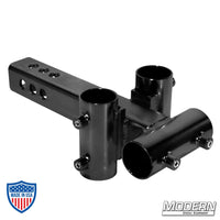 Small trailer hitch adapter with 1-1/2" receivers for film grip rigging, black zinc finish, fits standard hitch pin.