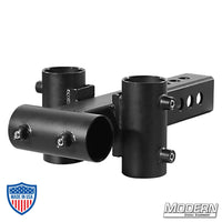 Small black zinc trailer hitch adapter for 1-1/4" Speed-Rail with multiple rigging options for film grip equipment.