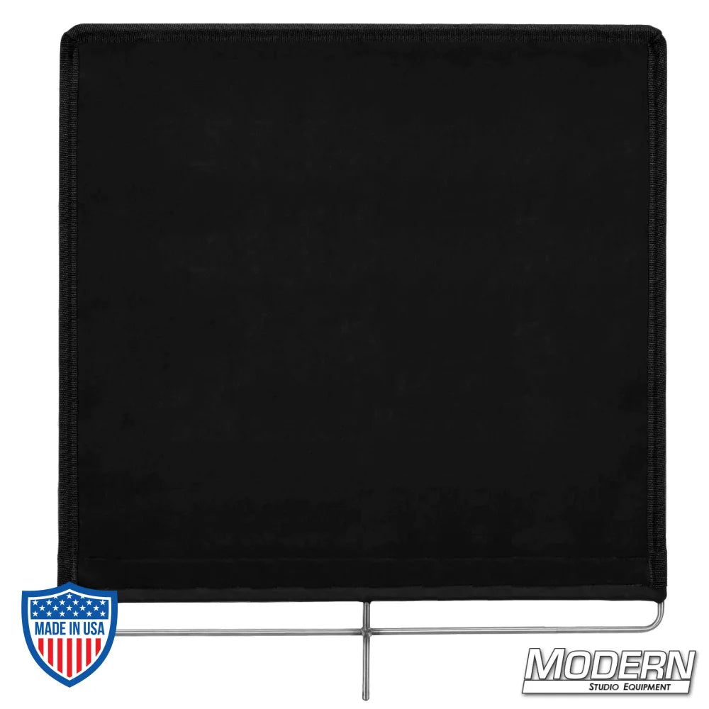 Solid flag with stainless steel frame and 16 oz. Commando cloth for film grip and rigging. Modern Studio Equipment branding.