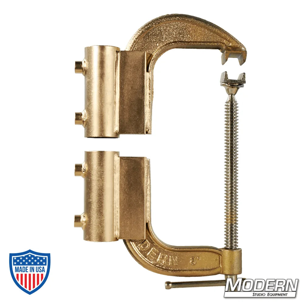 Speed C-Clamp for 1-1/4" Speed-Rail® with Set Screws for film grip rigging, two dom receivers welded on opposite halves of 8" forged clamp