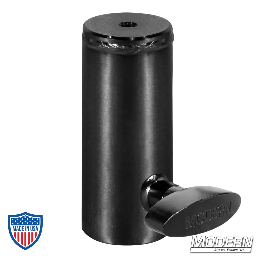 Black zinc Speed-Rail receiver with T-handle for 1-1/4" to 3/8" female thread, used for film grip and rigging.