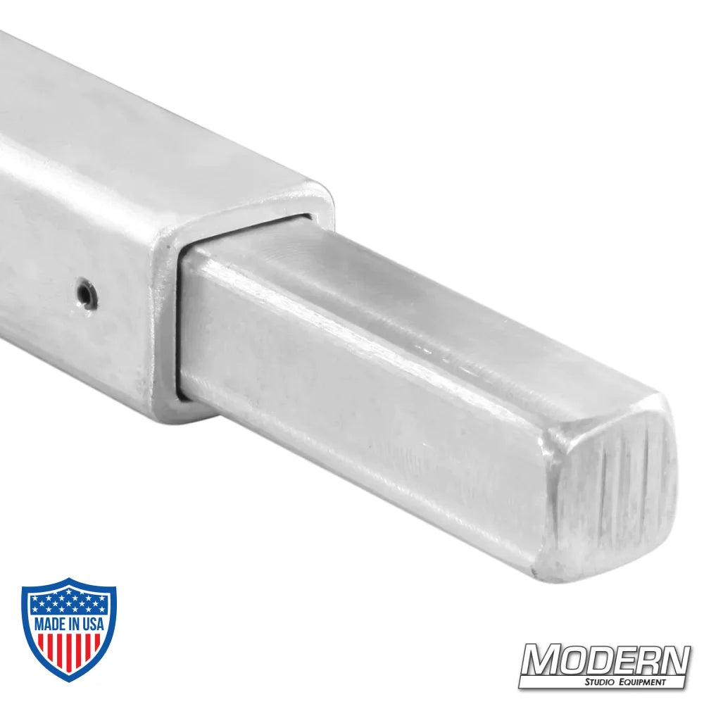 1" square aluminum tube with male pin for film grip and rigging use.
