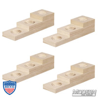Set of four 3-step wood blocks for rigging and elevation on film sets, measurements 1", 2", 3" heights and 4" x 3.5" dimensions