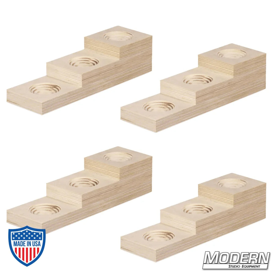 Set of four 3-step wood blocks for rigging and elevation on film sets, measurements 1", 2", 3" heights and 4" x 3.5" dimensions