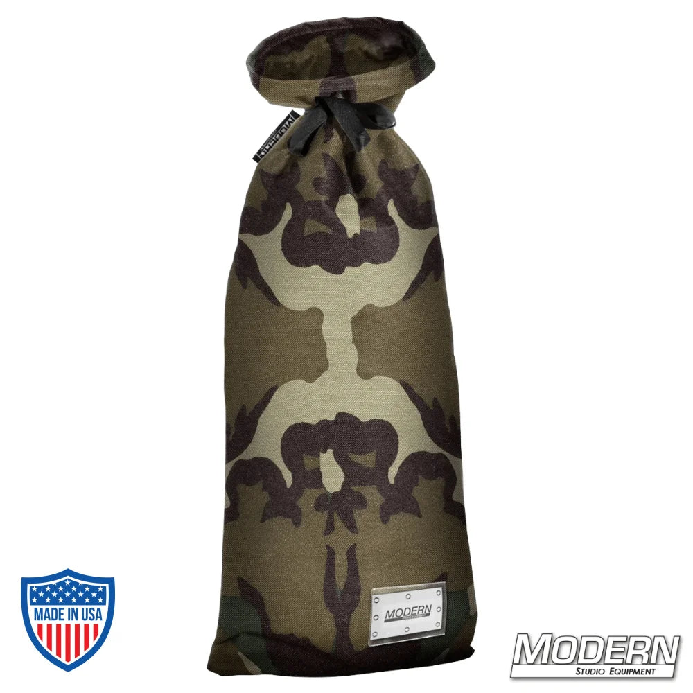 Extra large camouflage storage bag for film grip and rigging, featuring nylon cord for easy tying and plastic sleeve for labeling.