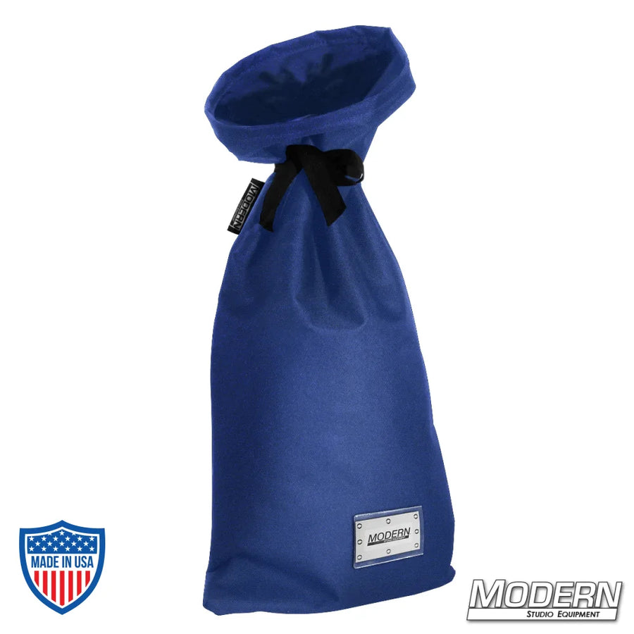 Extra small blue storage bag for film grip rigging, nylon cord for easy tying, plastic sleeve for labeling, 9" base, 23" length.