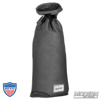 Large grey storage bag with nylon cord and plastic sleeve, used for film grip and rigging, by Modern Studio Equipment.