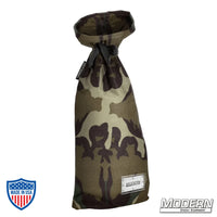 Camouflage storage bag with nylon cord and plastic labeling sleeve, ideal for film grip rigging, 12" wide base, 27" length, Modern branding.