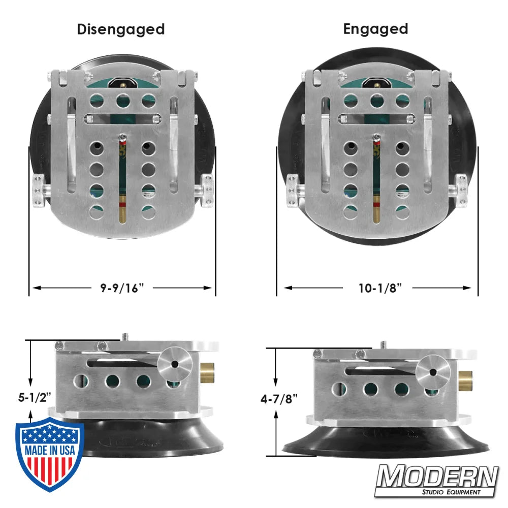 Suction Cup Camera Wedge Plate by Wood's Powr-Grip showing dimensions and engaged/disengaged positions for film grip rigging.