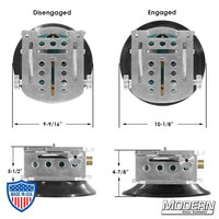 Suction Cup Camera Wedge Plate by Wood's Powr-Grip showing dimensions and engaged/disengaged positions for film grip rigging.