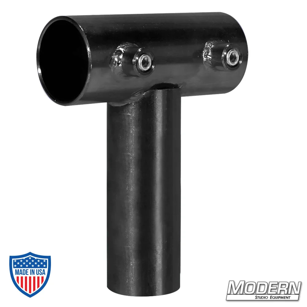 Swivel Tee for 1-1/4" Speed-Rail® in black zinc with set screws for film grip and rigging, features a welded 1-1/4" steel pipe receiver