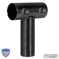 Swivel Tee for 1-1/4" Speed-Rail® in black zinc with set screws for film grip and rigging, features a welded 1-1/4" steel pipe receiver