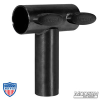 Black zinc Swivel Tee for 1-1/4" Speed-Rail® with T-handles for film grip rigging, displayed with Modern Studio Equipment branding