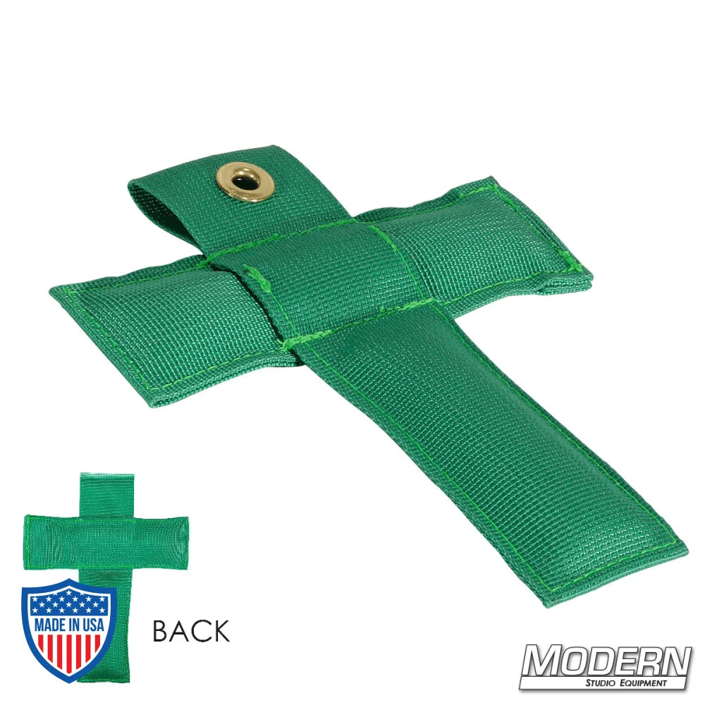 Green Modern T Marker for film grip and rigging, made of Cordura 1000, 6"es long, shown front and back views.