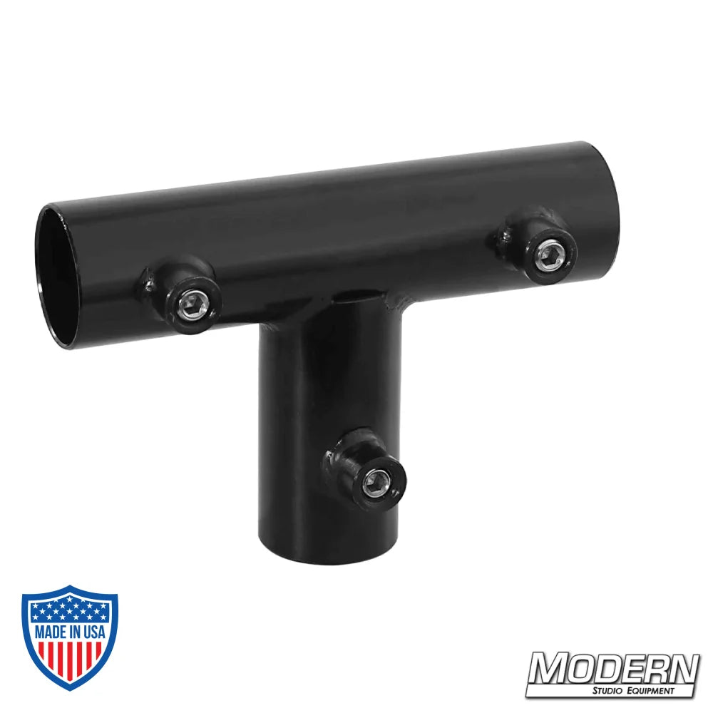 Tee for 1" round pipe in black zinc with set screws for film grip rigging, adds strength and support to Speed-Rail frames